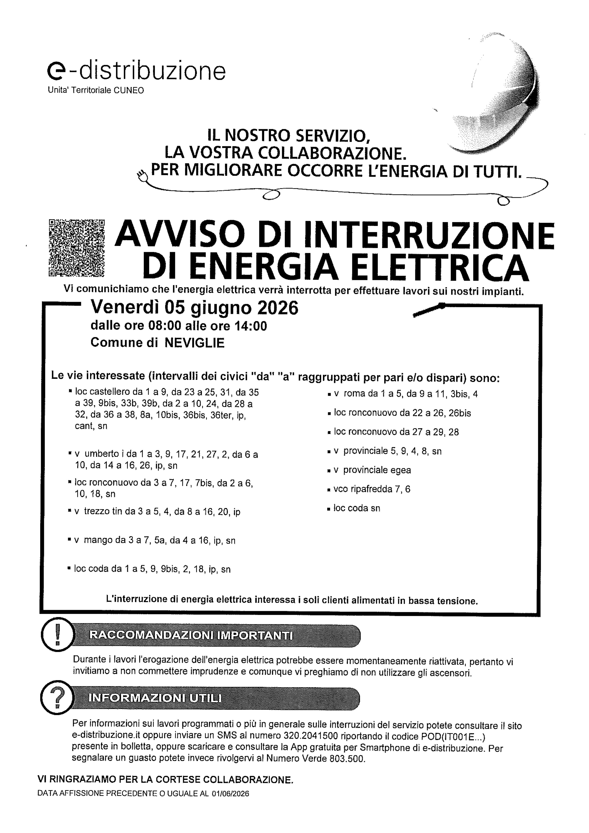 Interruzione energia elettrica il  05 giugno 2026